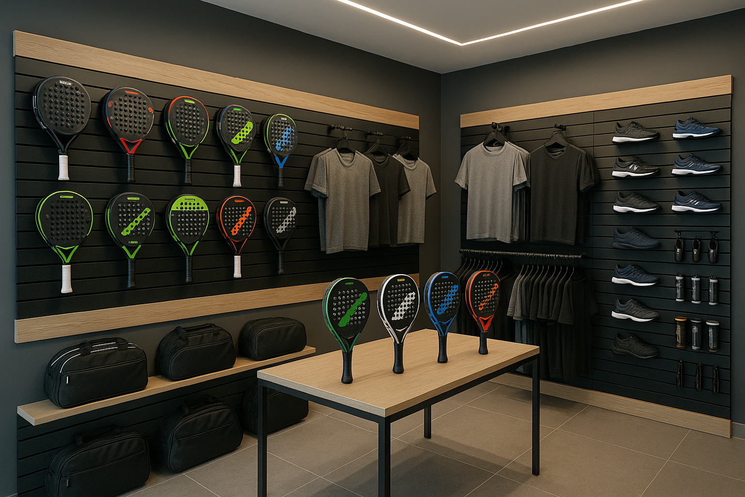 Decoración minimalista de tienda de pádel con tonos grises y madera